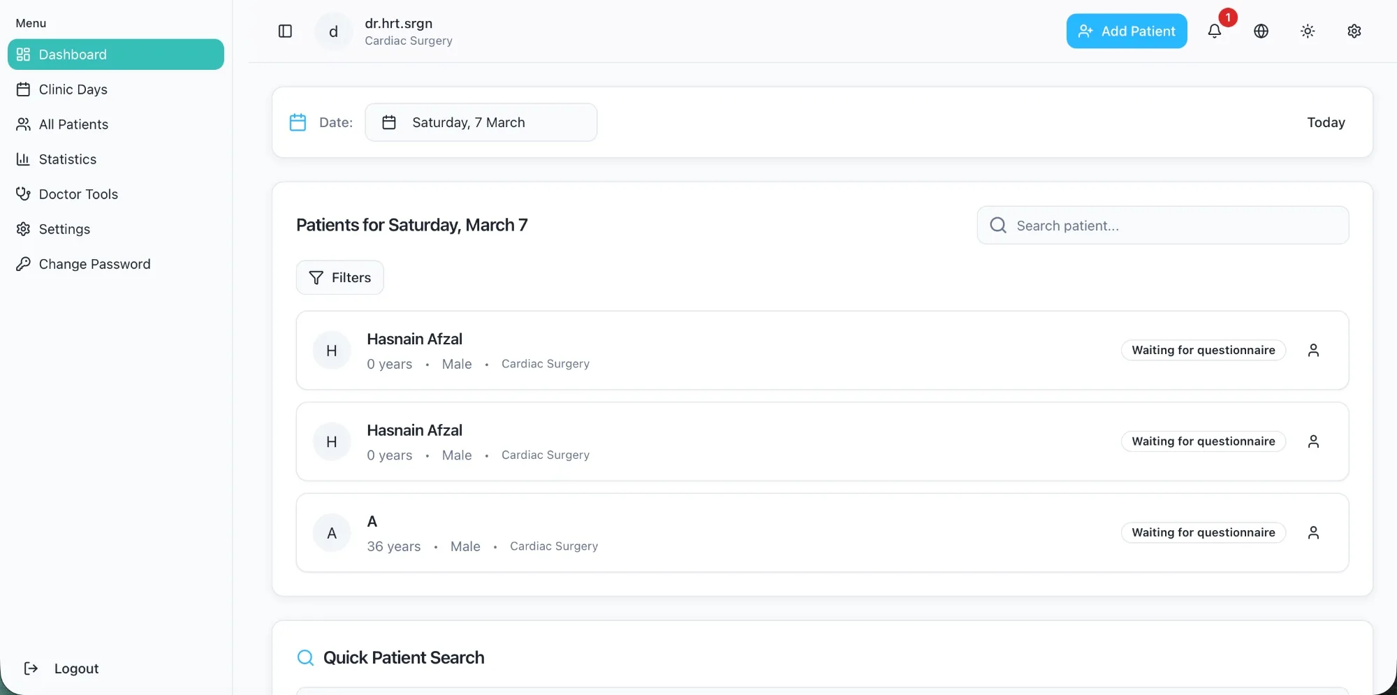 PreClinic AI doctor dashboard showing daily patients, AI-generated pre-consultation reports and prescription tools