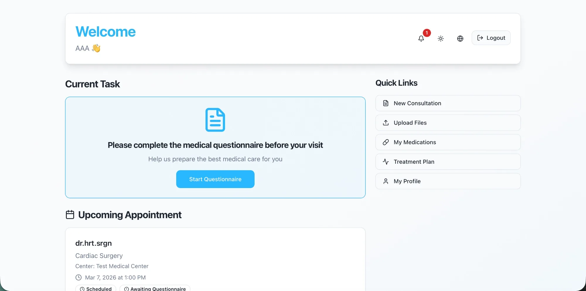 PreClinic AI patient dashboard showing upcoming appointments, AI questionnaires and medical history