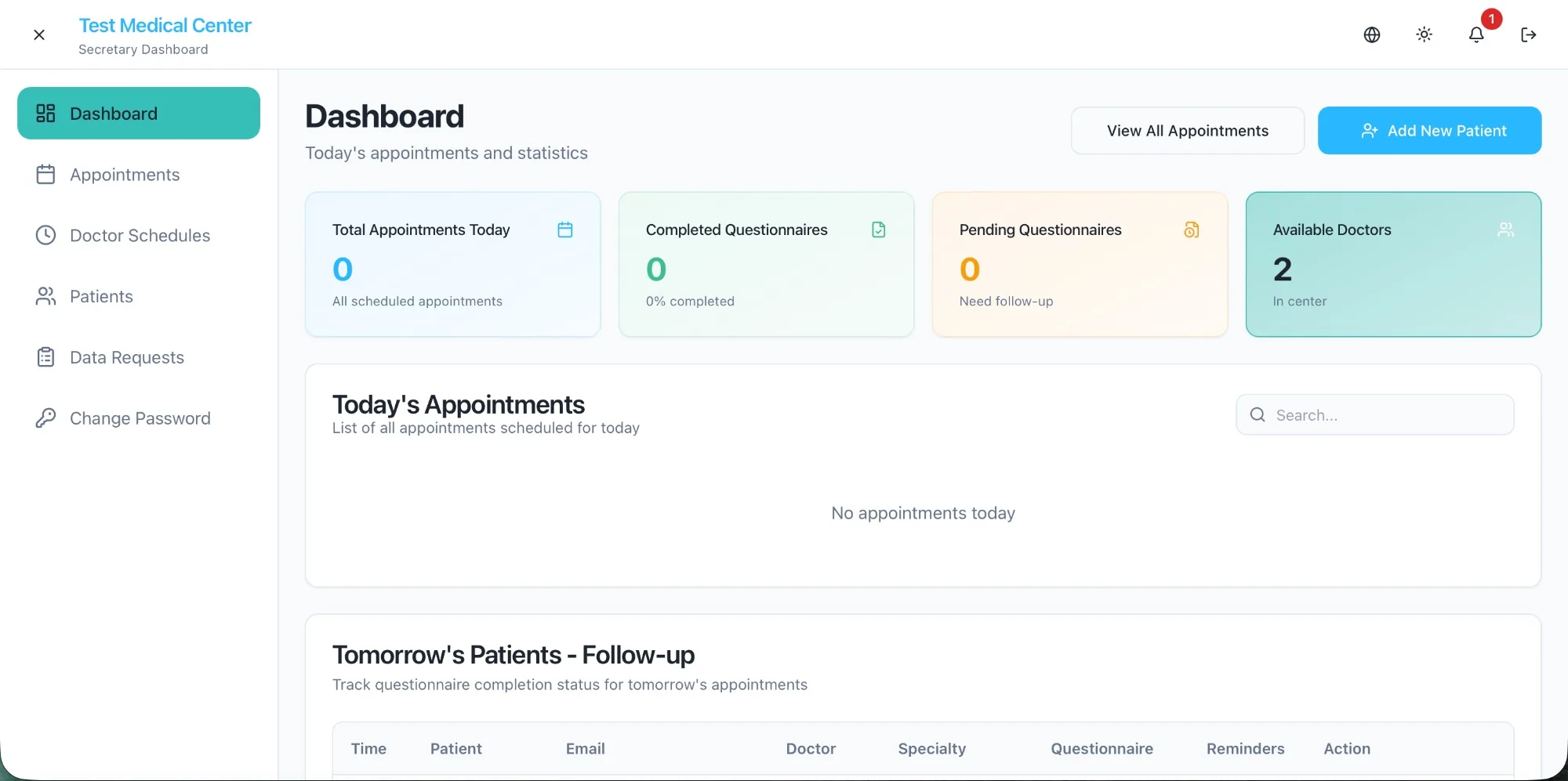 PreClinic AI secretary dashboard showing the appointment calendar, patient list and daily clinic schedule